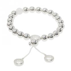 Pre Owned Montblanc Star Beads White Cord Silver Bracelet