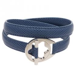 Pre Owned Montblanc Star Collection Hold Me Tight Artic Blue Leather & Silver Wrap Around Toggle Bracelet 18cm