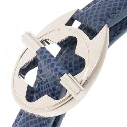 Pre Owned Montblanc Star Collection Hold Me Tight Artic Blue Leather & Silver Wrap Around Toggle Bracelet 18cm