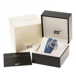 Pre Owned Montblanc Star Collection Hold Me Tight Artic Blue Leather & Silver Wrap Around Toggle Bracelet 18cm