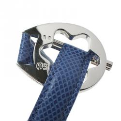 Pre Owned Montblanc Star Collection Hold Me Tight Artic Blue Leather & Silver Wrap Around Toggle Bracelet 18cm