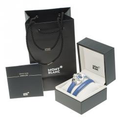 Pre Owned Montblanc Star Collection Hold Me Tight Artic Blue Leather & Silver Wrap Around Toggle Bracelet 18cm