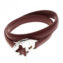 Pre Owned Montblanc Star Collection Hold Me Tight Burgundy Leather & Silver Wrap Around Toggle Bracelet 17cm