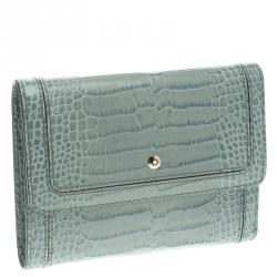 Pre Owned Montblanc Blue Croc Embossed Leather French Wallet