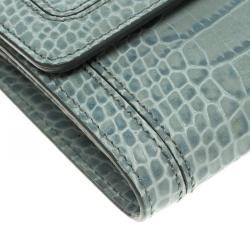 Pre Owned Montblanc Blue Croc Embossed Leather French Wallet