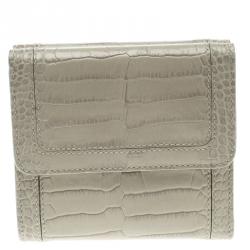 Pre Owned Montblanc Beige Croc Embossed Leather 6CC Flap Wallet