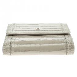 Pre Owned Montblanc Beige Croc Embossed Leather 6CC Flap Wallet