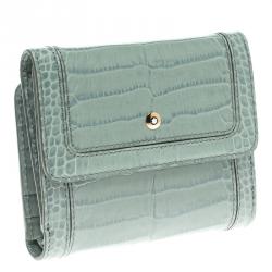 Pre Owned Montblanc Blue Croc Embossed Leather 6CC Flap Wallet