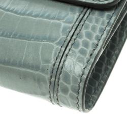 Pre Owned Montblanc Blue Croc Embossed Leather 6CC Flap Wallet