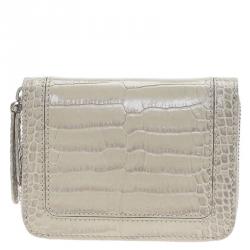 Pre Owned Montblanc Beige Croc Embossed Leather Zip Around Coin Purse