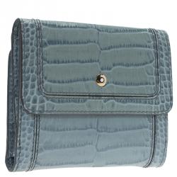 Pre Owned Montblanc Blue Croc Embossed Leather 6CC Flap Wallet