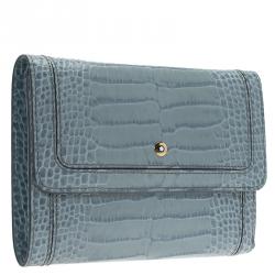 Pre Owned Montblanc Blue Croc Embossed Leather French Wallet
