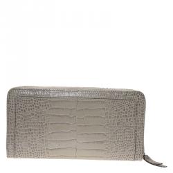 Pre Owned Montblanc Beige Croc Embossed Boheme Zip Around Wallet