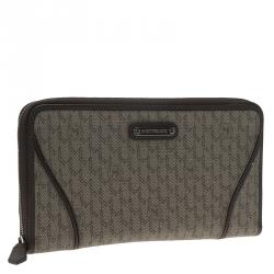 Pre Owned Montblanc Brown Leather and Signature Canvas Zip Around Travel Wallet