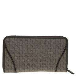 Pre Owned Montblanc Brown Leather and Signature Canvas Zip Around Travel Wallet