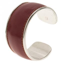 Pre Owned Montblanc Burgundy Leather Silver Cuff Bracelet
