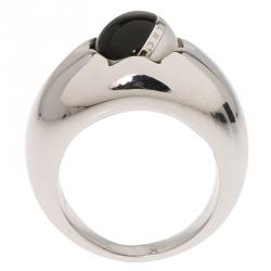 Pre Owned Montblanc Rotating Sphere in Onyx and Pearl Cabochon Silver Ring Size 56