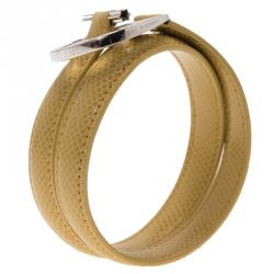Pre Owned Montblanc Hold Me Tight Silver Beige Leather Double Wrap Bracelet 18cm