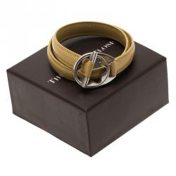 Pre Owned Montblanc Hold Me Tight Silver Beige Leather Double Wrap Bracelet 18cm