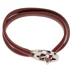 Pre Owned Montblanc Star Collection Hold Me Tight Red Leather & Silver Wrap Around Toggle Bracelet 18cm