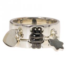 Pre Owned Montblanc Heart & Star Charms Double Attached Silver Ring Size 52