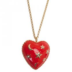 Pre Owned Moschino Moon And Stars Wide Red Pendant Necklace