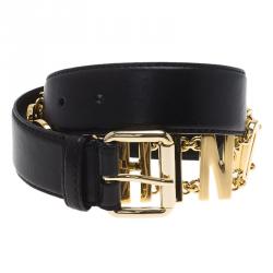Pre Owned Moschino Black Leather Logo Chain Belt 100 CM