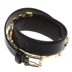 Pre Owned Moschino Black Leather Logo Chain Belt 100 CM