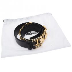 Pre Owned Moschino Black Leather Logo Chain Belt 100 CM