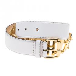 Pre Owned Moschino White Leather Logo Chain Belt 110 CM