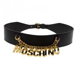 مملوكة مسبقًا حزام موسكينو بشعار ذهبي اللون وجلد أسود 95 سم