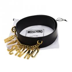 مملوكة مسبقًا Moschino Black Leather Logo Charm Belt 110CM