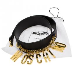 Pre Owned حزام موسكينو بشعار ذهبي اللون وجلد أسود 105 سم