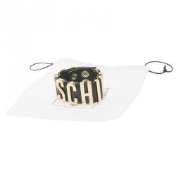 Pre Owned Moschino Logo Black Leather Gold Tone Cuff Bracelet S