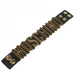Pre Owned Moschino Logo Plaque Black Leather Cuff Bracelet