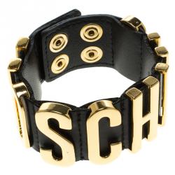 Pre Owned Moschino Logo Plaque Black Leather Cuff Bracelet