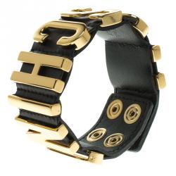 Pre Owned Moschino Logo Plaque Black Leather Cuff Bracelet