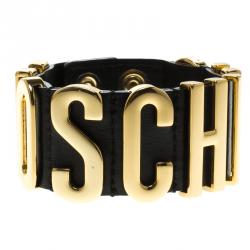 Pre Owned Moschino Logo Plaque Black Leather Cuff Bracelet