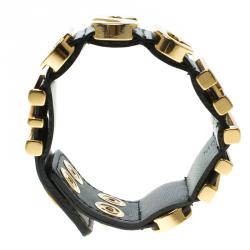 Pre Owned Moschino Logo Plaque Black Leather Cuff Bracelet