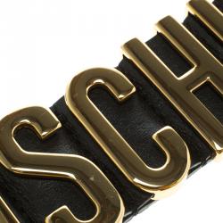 Pre Owned Moschino Logo Plaque Black Leather Cuff Bracelet