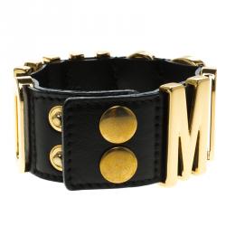 Pre Owned Moschino Logo Plaque Black Leather Cuff Bracelet