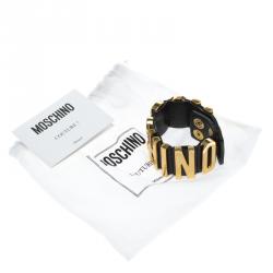 Pre Owned Moschino Logo Plaque Black Leather Cuff Bracelet