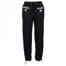 Pre Owned Moschino Couture Black Knit Crochet Trim Smiley Face Button Sweatpants S