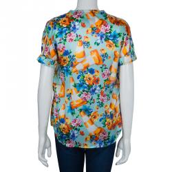 Pre Owned Moschino Couture Multicolor Floral Print Buttondown Short Sleeve Blouse M