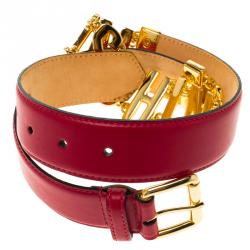 Pre Owned حزام موسكينو سلسلة شعار جلد أحمر 100 سم