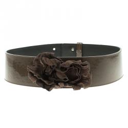 Pre Owned Moschino Olive Green Patent Leather Flower Waist Belt 105 CM
