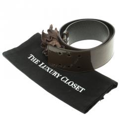 Pre Owned Moschino Olive Green Patent Leather Flower Waist Belt 105 CM