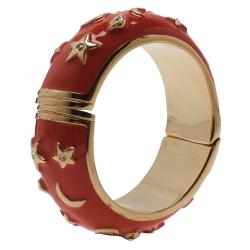Pre Owned Moschino Moon and Stars Wide Red Bangle Bracelet