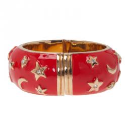 Pre Owned Moschino Moon and Stars Wide Red Bangle Bracelet