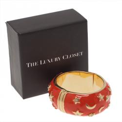 Pre Owned Moschino Moon and Stars Wide Red Bangle Bracelet